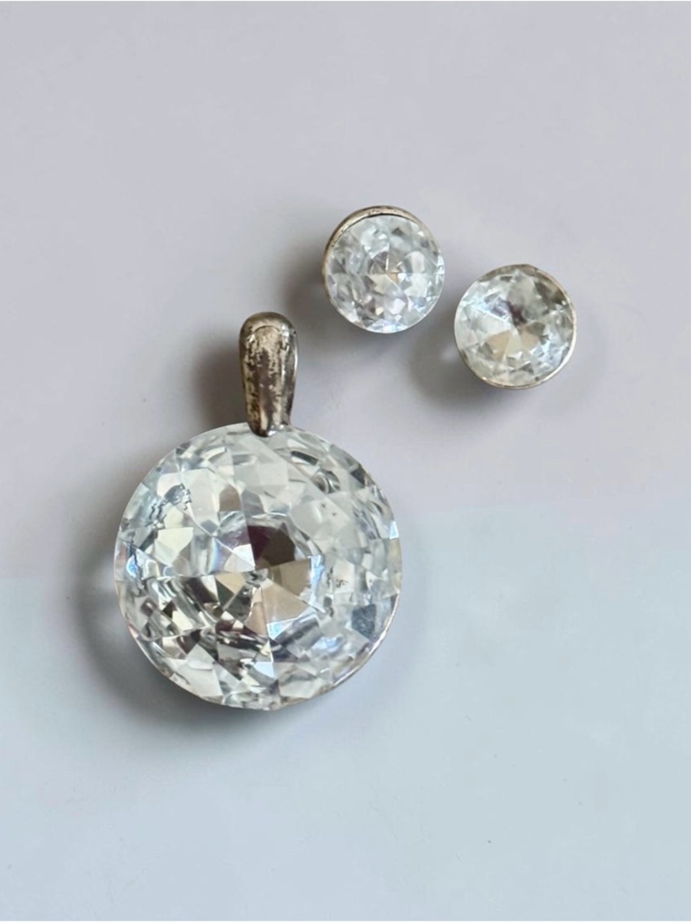 Vintage Large Clear Crystal Pendant and Stud Earrings Set